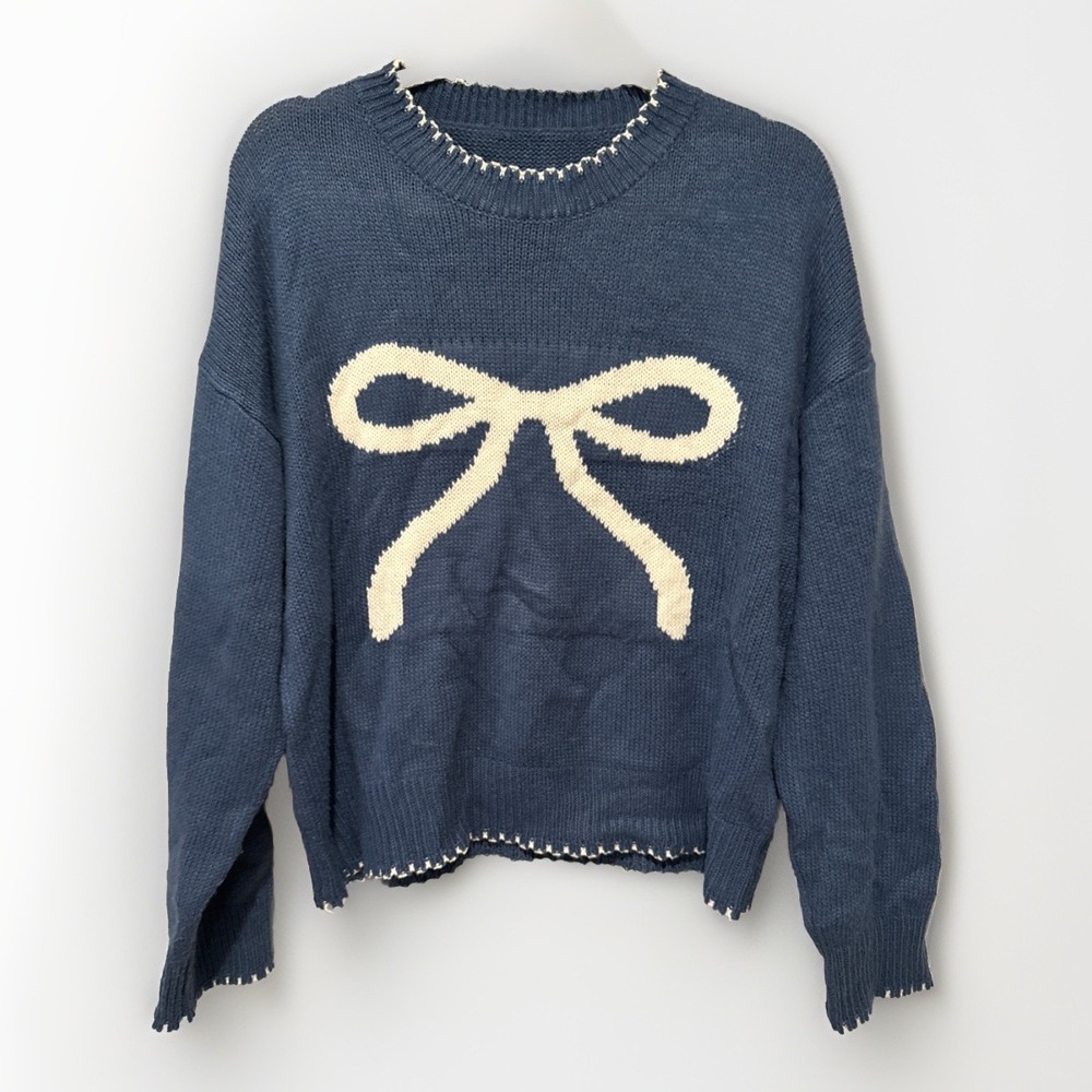 Women's Blue White Bow Sweater Acrylic Size M Preppy Girly College Sorority
